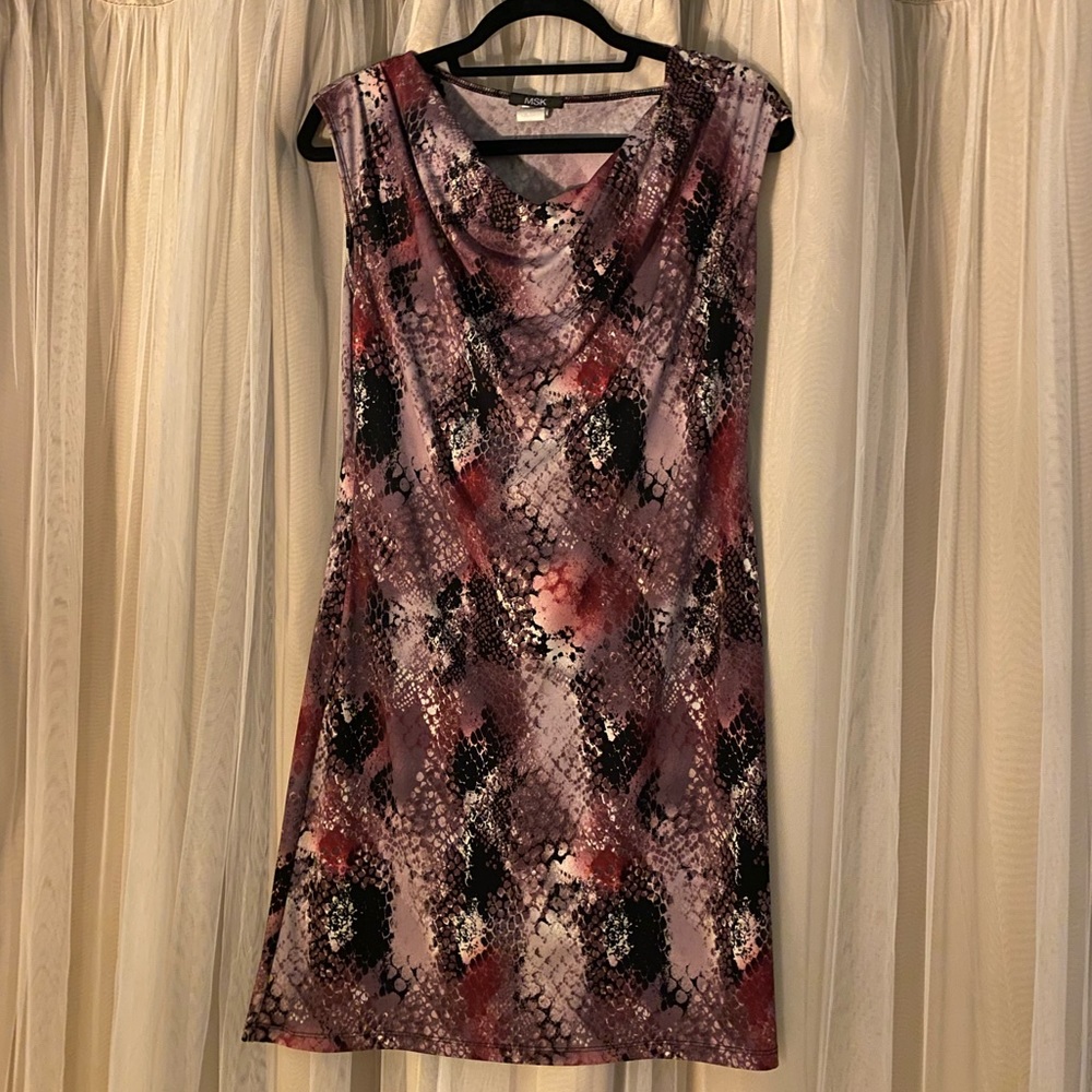Purple snakeskin pattern cowl neck dress. M